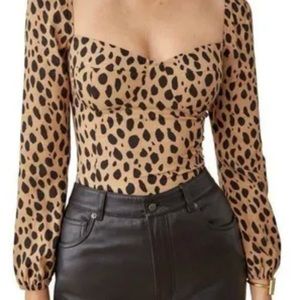 Reformation Tan Leopard Print Long Sleeve Sweetheart Top